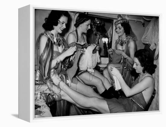 Showgirls Knitting Garments During Drive to Provide Goods to Servicemen During the War-null-Framed Premier Image Canvas