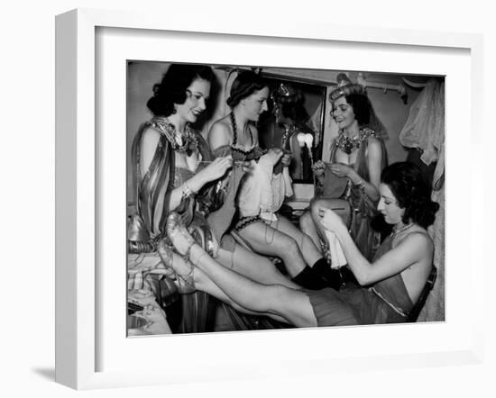 Showgirls Knitting Garments During Drive to Provide Goods to Servicemen During the War-null-Framed Photographic Print