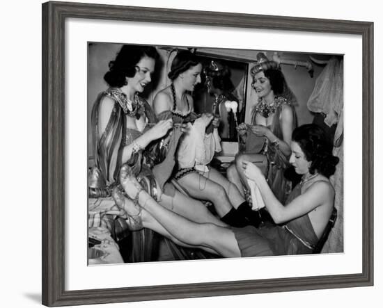 Showgirls Knitting Garments During Drive to Provide Goods to Servicemen During the War-null-Framed Photographic Print