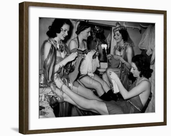 Showgirls Knitting Garments During Drive to Provide Goods to Servicemen During the War-null-Framed Photographic Print