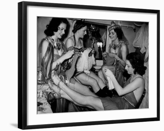 Showgirls Knitting Garments During Drive to Provide Goods to Servicemen During the War-null-Framed Photographic Print