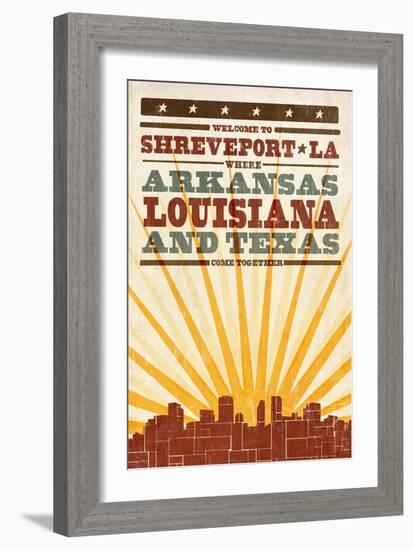 Shreveport, Louisiana - Skyline and Sunburst Sceenprint Style-Lantern Press-Framed Art Print