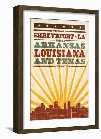 Shreveport, Louisiana - Skyline and Sunburst Sceenprint Style-Lantern Press-Framed Art Print