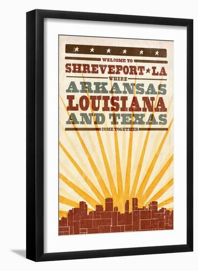 Shreveport, Louisiana - Skyline and Sunburst Sceenprint Style-Lantern Press-Framed Art Print