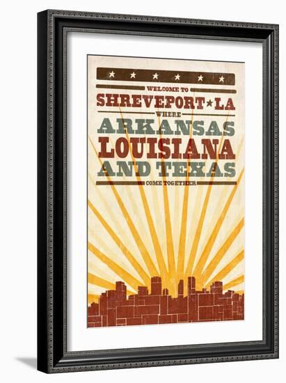 Shreveport, Louisiana - Skyline and Sunburst Sceenprint Style-Lantern Press-Framed Art Print