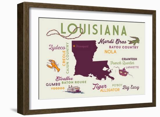 Shreveport, Louisiana - Typography and Icons-Lantern Press-Framed Art Print