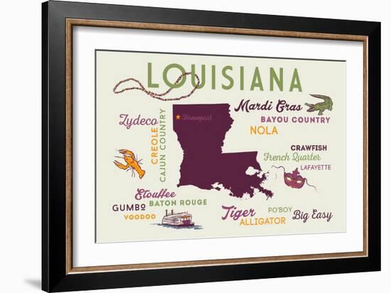 Shreveport, Louisiana - Typography and Icons-Lantern Press-Framed Art Print