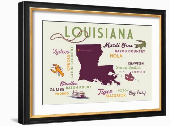 Shreveport, Louisiana - Typography and Icons-Lantern Press-Framed Art Print