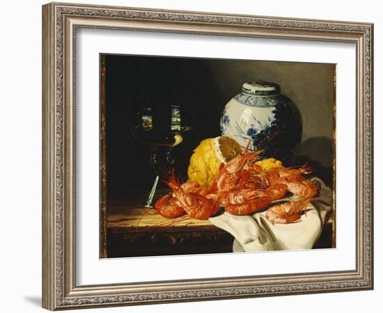 Shrimps, a Peeled Lemon, a Glass of Wine and a Blue and White Ginger Jar on a Draped Table-Edward Ladell-Framed Giclee Print