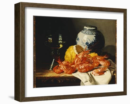 Shrimps, a Peeled Lemon, a Glass of Wine and a Blue and White Ginger Jar on a Draped Table-Edward Ladell-Framed Giclee Print