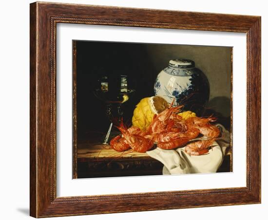 Shrimps, a Peeled Lemon, a Glass of Wine and a Blue and White Ginger Jar on a Draped Table-Edward Ladell-Framed Giclee Print