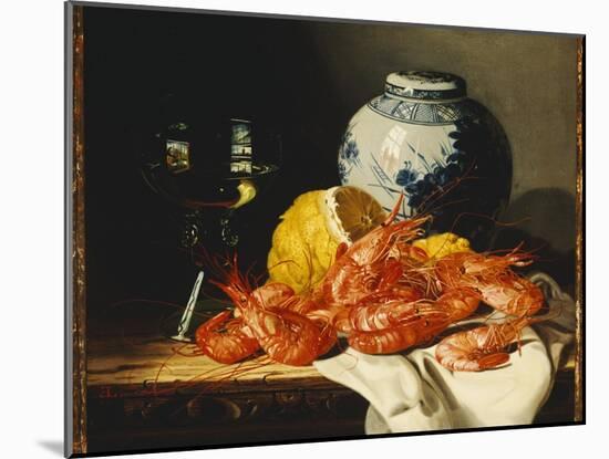Shrimps, a Peeled Lemon, a Glass of Wine and a Blue and White Ginger Jar on a Draped Table-Edward Ladell-Mounted Giclee Print