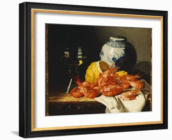 Shrimps, a Peeled Lemon, a Glass of Wine and a Blue and White Ginger Jar on a Draped Table-Edward Ladell-Framed Giclee Print