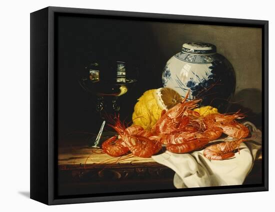 Shrimps, a Peeled Lemon, a Glass of Wine and a Blue and White Ginger Jar on a Draped Table-Edward Ladell-Framed Premier Image Canvas