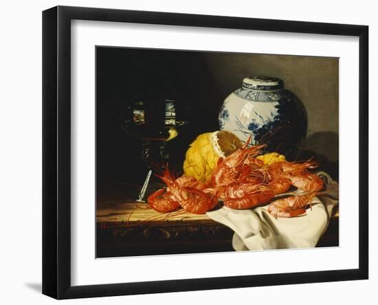 Shrimps, a Peeled Lemon, a Glass of Wine and a Blue and White Ginger Jar on a Draped Table-Edward Ladell-Framed Giclee Print