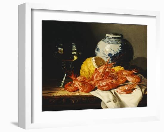 Shrimps, a Peeled Lemon, a Glass of Wine and a Blue and White Ginger Jar on a Draped Table-Edward Ladell-Framed Giclee Print