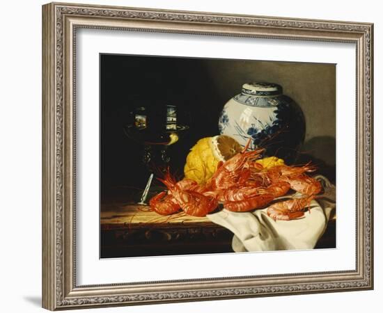 Shrimps, a Peeled Lemon, a Glass of Wine and a Blue and White Ginger Jar on a Draped Table-Edward Ladell-Framed Giclee Print