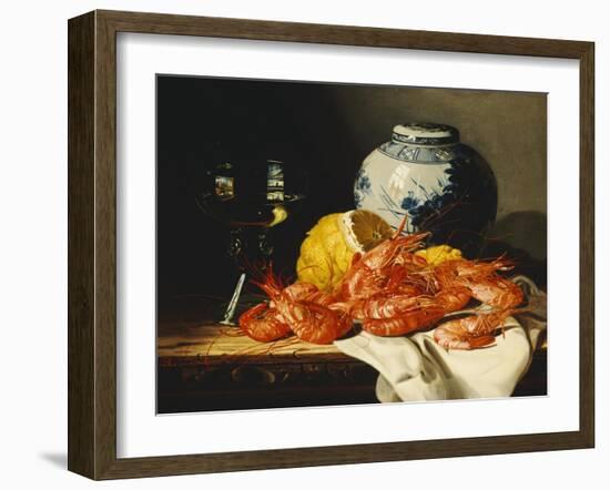 Shrimps, a Peeled Lemon, a Glass of Wine and a Blue and White Ginger Jar on a Draped Table-Edward Ladell-Framed Giclee Print