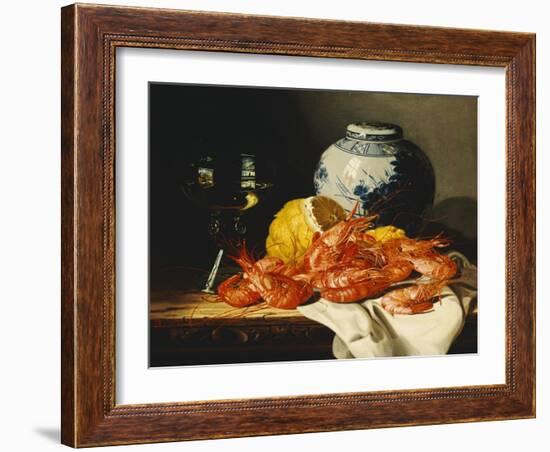 Shrimps, a Peeled Lemon, a Glass of Wine and a Blue and White Ginger Jar on a Draped Table-Edward Ladell-Framed Giclee Print