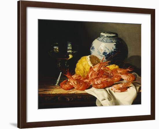 Shrimps, a Peeled Lemon, a Glass of Wine and a Blue and White Ginger Jar on a Draped Table-Edward Ladell-Framed Giclee Print