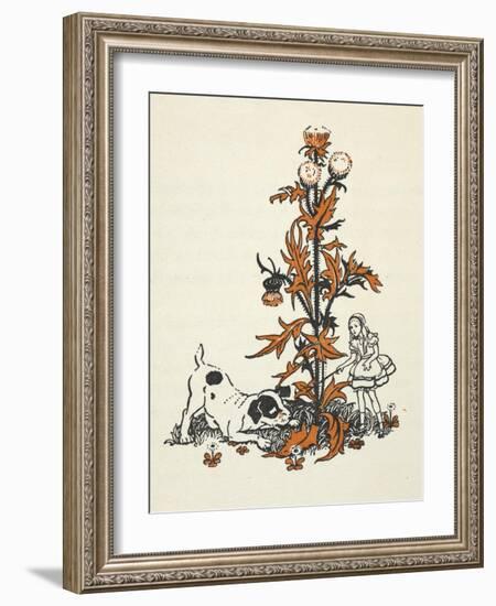 Shrunken Alice and the Puppy by a Giant Thistle.-Gwynedd Hudson-Framed Giclee Print