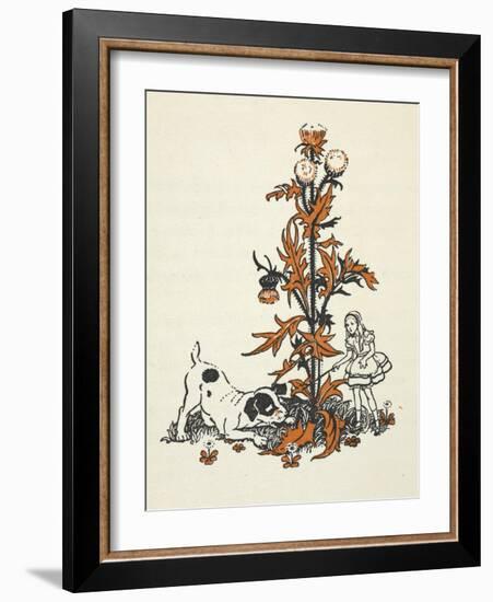 Shrunken Alice and the Puppy by a Giant Thistle.-Gwynedd Hudson-Framed Giclee Print