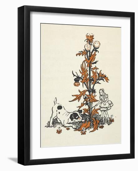 Shrunken Alice and the Puppy by a Giant Thistle.-Gwynedd Hudson-Framed Giclee Print