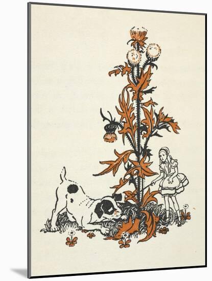 Shrunken Alice and the Puppy by a Giant Thistle.-Gwynedd Hudson-Mounted Giclee Print