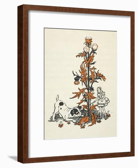 Shrunken Alice and the Puppy by a Giant Thistle.-Gwynedd Hudson-Framed Giclee Print