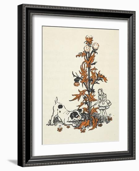 Shrunken Alice and the Puppy by a Giant Thistle.-Gwynedd Hudson-Framed Giclee Print