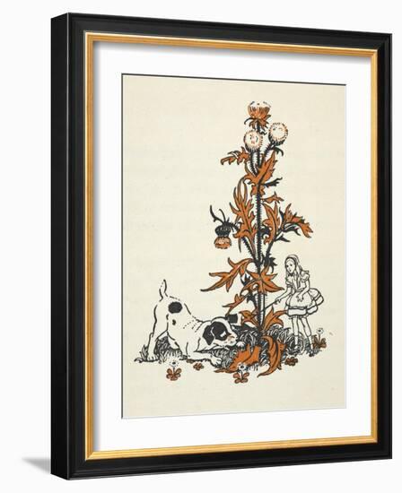 Shrunken Alice and the Puppy by a Giant Thistle.-Gwynedd Hudson-Framed Giclee Print