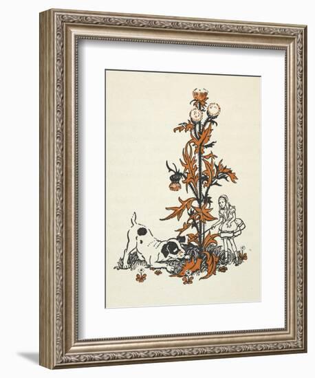 Shrunken Alice and the Puppy by a Giant Thistle.-Gwynedd Hudson-Framed Giclee Print