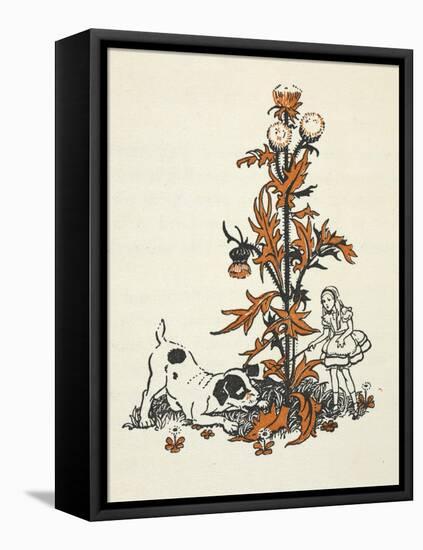 Shrunken Alice and the Puppy by a Giant Thistle.-Gwynedd Hudson-Framed Premier Image Canvas