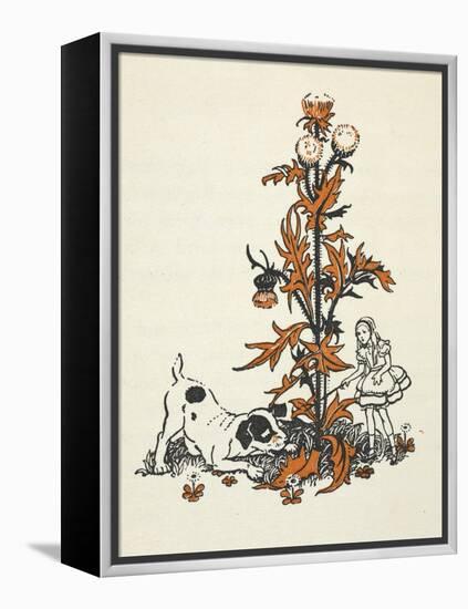 Shrunken Alice and the Puppy by a Giant Thistle.-Gwynedd Hudson-Framed Premier Image Canvas