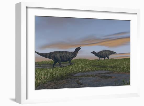 Shuangmiaosaurus Dinosaurs Walking Through Wetlands-Stocktrek Images-Framed Art Print