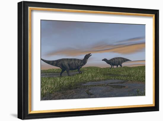 Shuangmiaosaurus Dinosaurs Walking Through Wetlands-Stocktrek Images-Framed Art Print