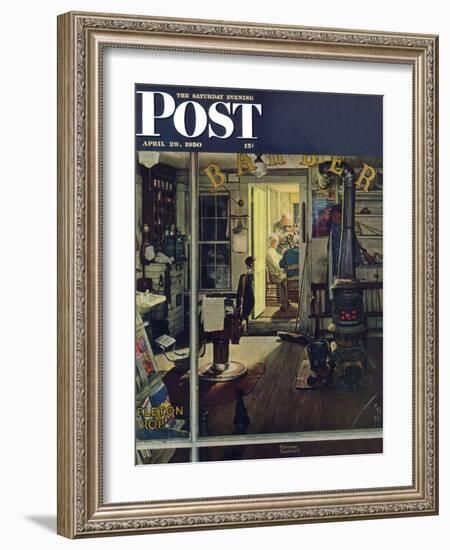 "Shuffleton's Barbershop" Saturday Evening Post Cover, April 29,1950-Norman Rockwell-Framed Giclee Print