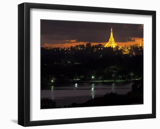 Shwedagon Paya at Dusk with Kandawgyi Lake in Foreground, Yangon (Rangoon), Myanmar (Burma)-Eitan Simanor-Framed Photographic Print