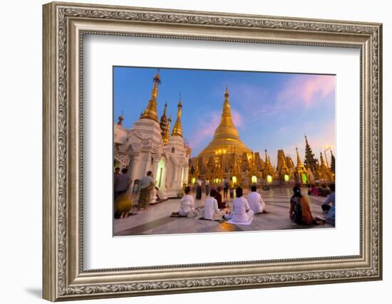 Shwedagon Paya (Pagoda) at Dusk with Buddhist Worshippers Praying-Lee Frost-Framed Photographic Print