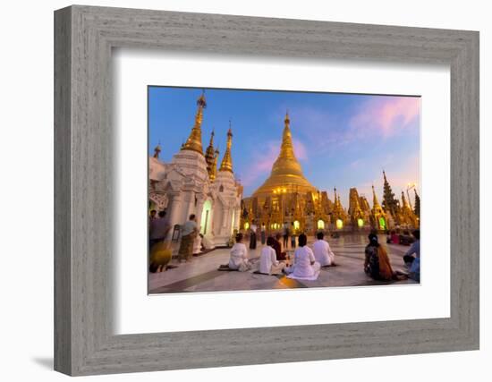 Shwedagon Paya (Pagoda) at Dusk with Buddhist Worshippers Praying-Lee Frost-Framed Photographic Print