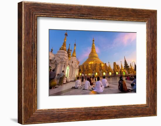 Shwedagon Paya (Pagoda) at Dusk with Buddhist Worshippers Praying-Lee Frost-Framed Photographic Print