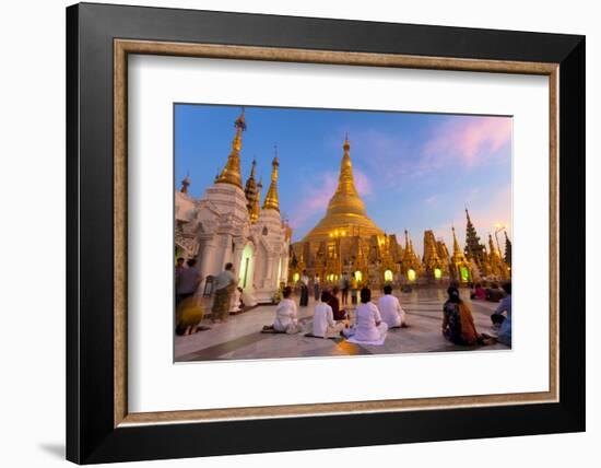 Shwedagon Paya (Pagoda) at Dusk with Buddhist Worshippers Praying-Lee Frost-Framed Photographic Print