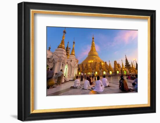 Shwedagon Paya (Pagoda) at Dusk with Buddhist Worshippers Praying-Lee Frost-Framed Photographic Print