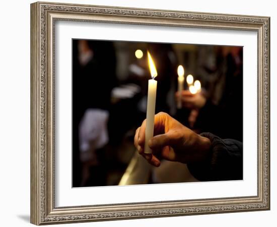 Sicily, Italy, Western Europe, a Believer, Holding a Candle During the Easter Eve Ceremony at the T-Ken Scicluna-Framed Photographic Print