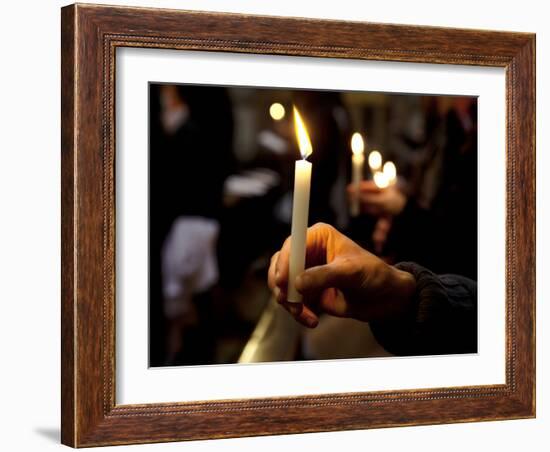 Sicily, Italy, Western Europe, a Believer, Holding a Candle During the Easter Eve Ceremony at the T-Ken Scicluna-Framed Photographic Print