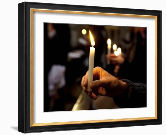 Sicily, Italy, Western Europe, a Believer, Holding a Candle During the Easter Eve Ceremony at the T-Ken Scicluna-Framed Photographic Print