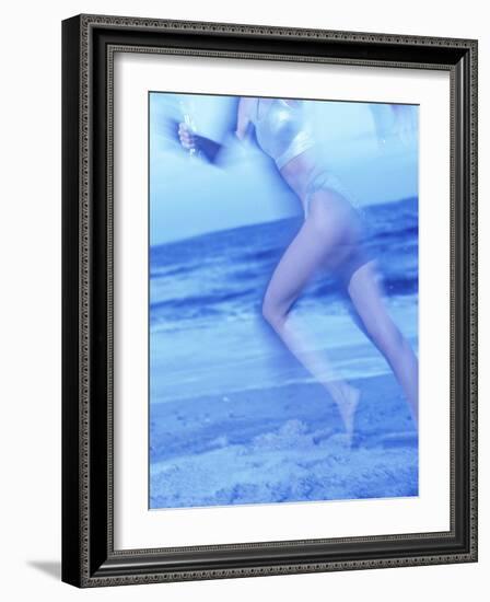 Side Profile of a Woman Running on the Beach-null-Framed Photographic Print