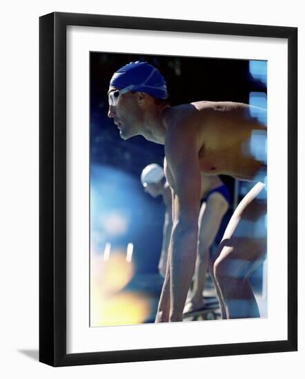 Side Profile of Two Swimmers in the Starting Position-null-Framed Photographic Print