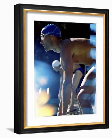 Side Profile of Two Swimmers in the Starting Position-null-Framed Photographic Print