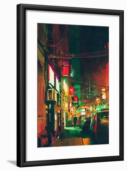Sidewalk in the City at Night with Colorful Light,Digital Painting-Tithi Luadthong-Framed Art Print